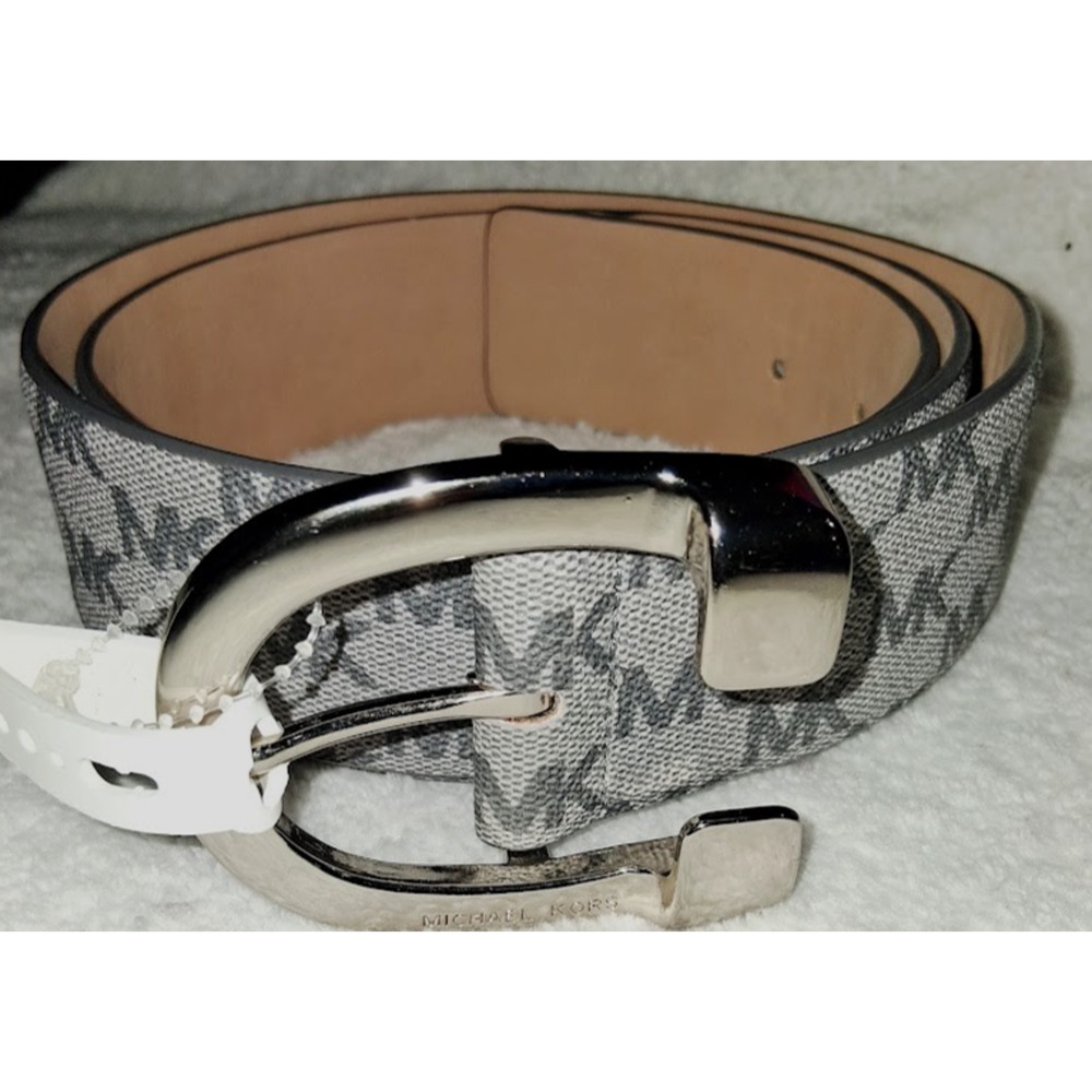 Michael Kors Women's Gray MK Logo Monogram Belt Silver Buckle - Size L